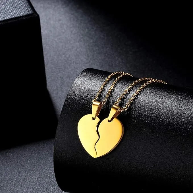 2 Pcs Set Heart Broken 2 Locket With 2 Chain - Couple Best Friend Ship