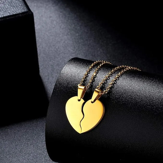 2 Pcs Set Heart Broken 2 Locket With 2 Chain - Couple Best Friend Ship