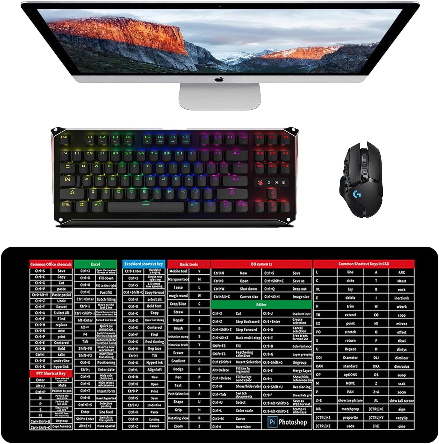 Colexy Keyboard Shortcut Mouse Mat Large Mouse Mat with Excel 800 x 300 x 3 mm Keyboard Shortcuts
