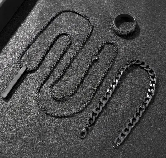3PC Black locket , Ring & Bracelet Set for Men – Stylish Combo Deal"