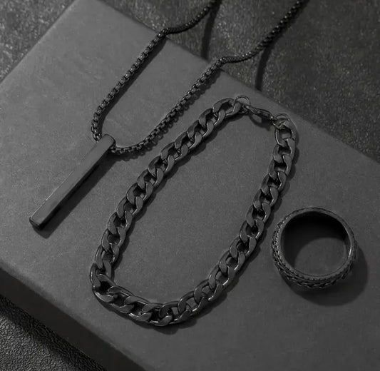 3PC Black locket , Ring & Bracelet Set for Men – Stylish Combo Deal"